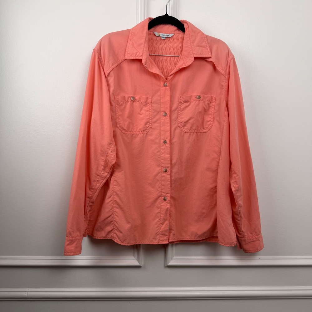 Solumbra Women's Large Sun Protective Shirt Long Sleeve Button Down Coral Pink L